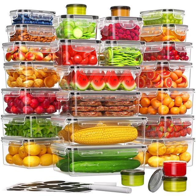 KEMETHY 54-Piece Food Storage Containers with Lids(27 Containers & 27 Lids), Plastic Food Containers for Pantry & Kitchen Storage and Organization, BPA-Free, Leak Proof, Reusable with Labels & Pen