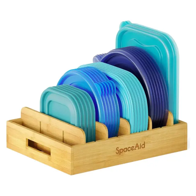 Container Lid Organizer with 5 Adjustable Dividers for Cabinets, Includes Blank Labels -SpaceAid®