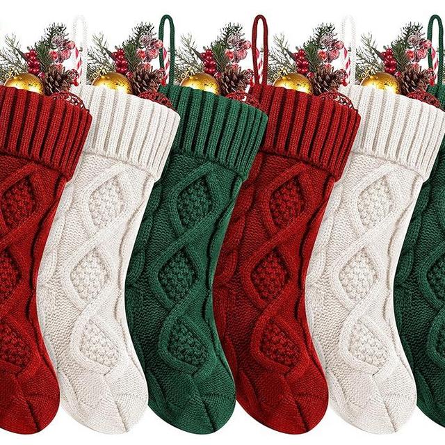 Fesciory 6 Pack Christmas Stockings, 14 Inches Cable Knitted Stocking Gifts & Decoration for Family Holiday Xmas Party Decor, Green&Burgundy and Ivory White