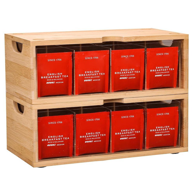 Stackable Bamboo Tea Box Organizer (Set of 2) - Large Capacity Tea Bag Storage Holder for Pantry & Cabinet - Multipurpose Tea Chest - Sustainable Kitchen Drawer & Office Breakroom Decor