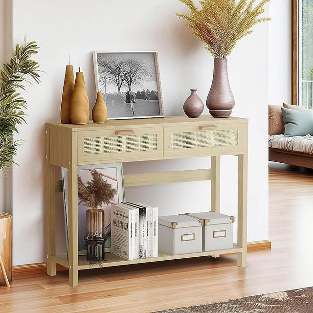 AWQM Rattan Console Table, Narrow Long Entryway Table with 2 Drawer, Modern Sofa Table with Open Shelf, Hallway Table for Living Room, Foyer, Bedroom, Oak