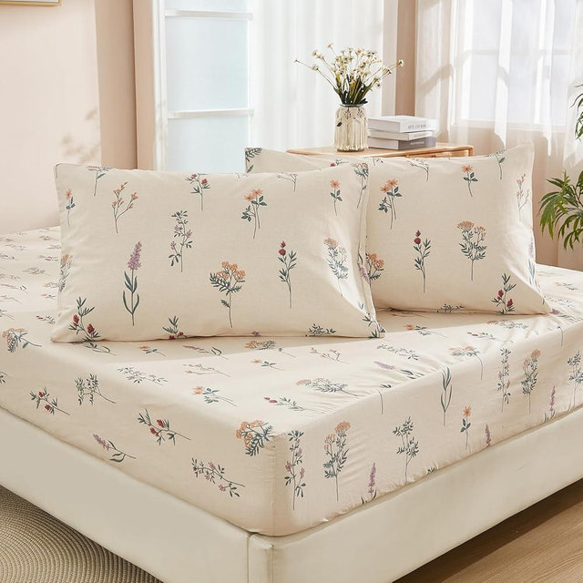 Cozaline 100% Cotton Fitted Sheet Full Size Floral Plants Shabby Chic Breathable Cooling Sheets Durable Wrinkle Free All Season Bedding No Flat Sheet (Floral, Full)