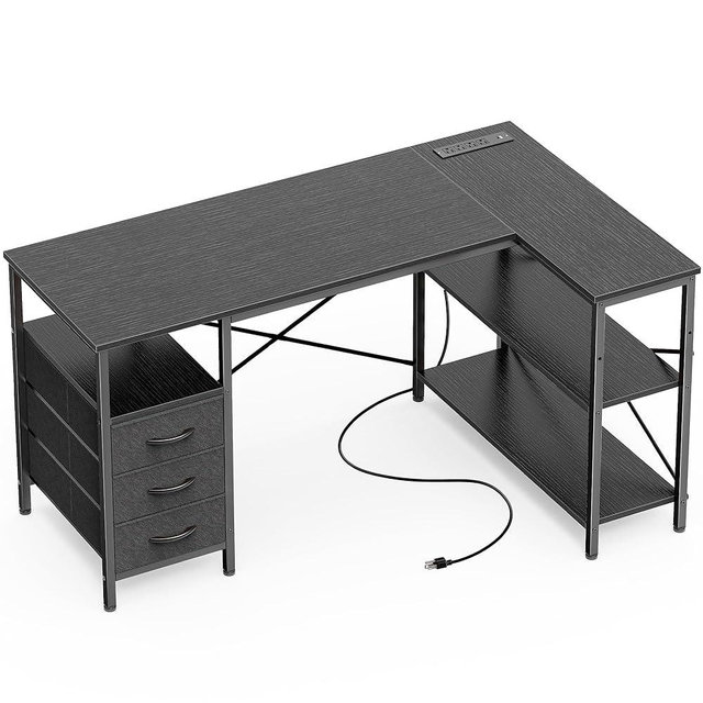 Huuger L Shaped Office Desk with Power Outlets, 47 Inch Computer Desk with 3 Drawers, Shelves, for Gaming, Corner Work, Home Office, Study, Black