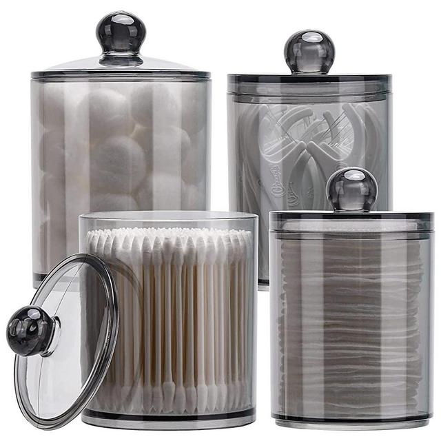Tbestmax 4 Pack Qtip Holder 10-Ounce, 12-Ounce Bathroom Organizer and Storage Containers Plastic Apothecary Jars with Lids for Cotton Ball, Cotton Swab, Floss, Black