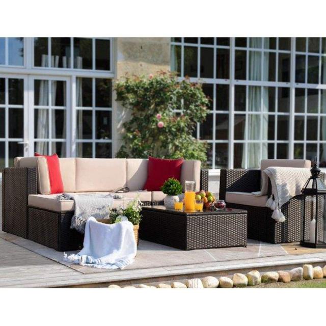 LACOO 6 Pieces Paito All Weather PE Wicker Conversation Set Rattan Outdoor Sectional Set with Chushions and Table(Beige)