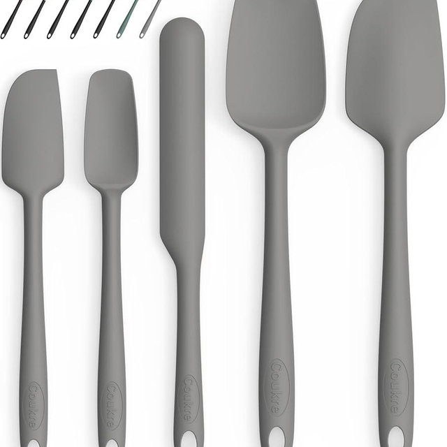 Coukre Silicone Spatula Set of 5,High Heat Resistant, Food Grade Silicone, Upgraded Extended Reinforced Handle,Dishwasher Safe, for Baking, Cooking (Pure Gray, Solid color)