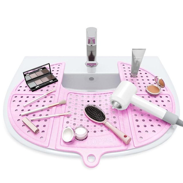 Sink Topper Bathroom Counter Cover & Storage Saver, Foldable Silicone Mat for Hot Tools, Hair Styling & Makeup, Beauty Brush Cleaning Mat, RV Camper Sink Cover & for Small Spaces (Standard Pink)