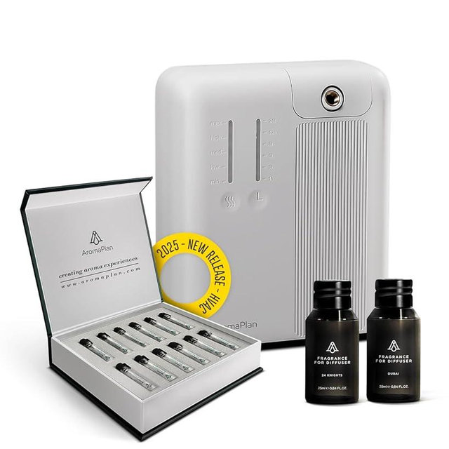 AromaPlan 2025 Waterless, Cold Air HVAC Scent Diffuser Whole House & Commercial Diffuser (Includes 2 Fragrances + 12 Set Sample kit) - Smart Scent Diffuser- Touch & App, 2000 Sq. Ft Cov. (White)