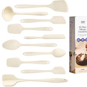 GIR: Get It Right 10-Piece Silicone Essentials Kitchen utensils set - Ladle, Spatula, Flip, Spoon & Spoonula - Non toxic cooking utensils for Nonstick Cookware, Cooking and Baking - Cream