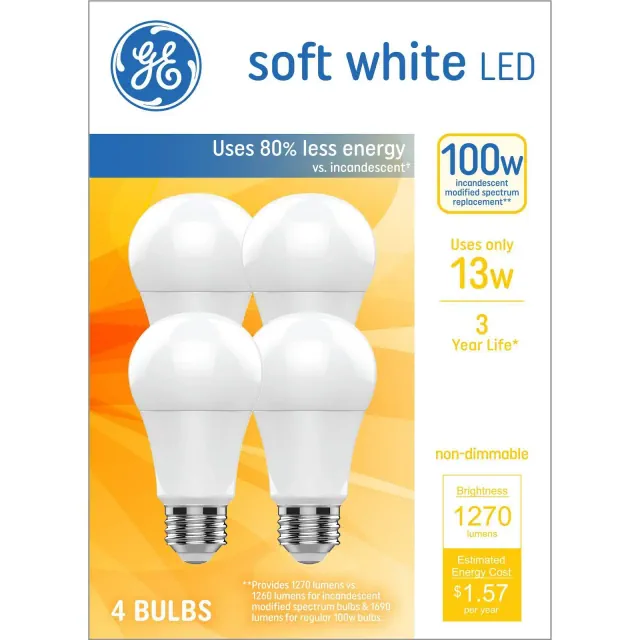 GE 4pk 100W Soft White A19 LED Light Bulbs: Standard E26 Base, 1270 Lumens, 2700K, 3-Year Life, Suitable for Damp Locations
