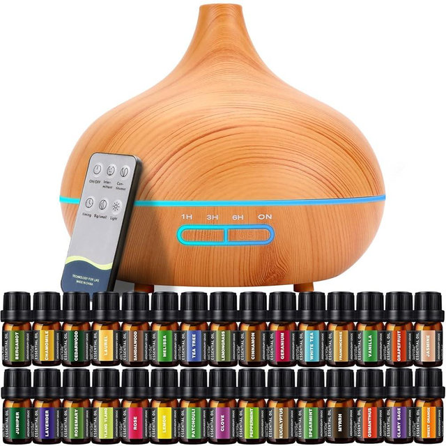 550 ML Aroma Diffiser with Essential Oils Set, Essential Oil Diffuser with Remote, Ultrasonic Technology Aromatherapy Diffusers Auto Shut-Off for Office, Home