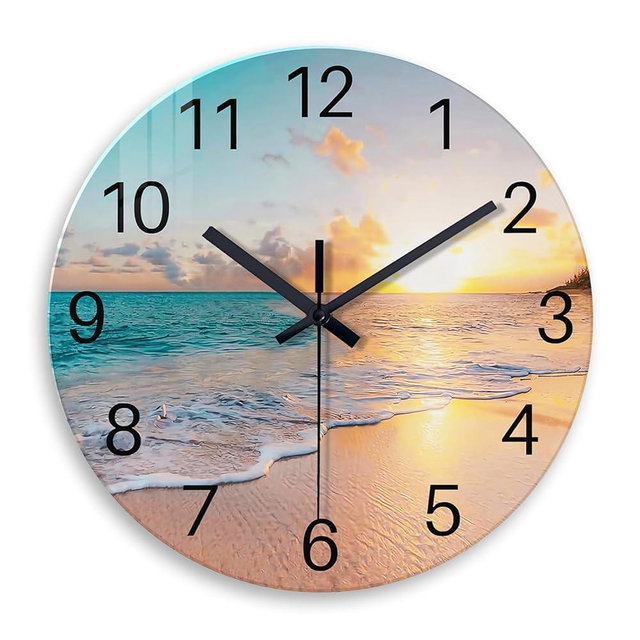 Constantplanet Beach Wall Clock Battery Operated 12 Inch Glass Wall Clock Non Ticking Analog Blue Wall Clocks for Bedroom Living Room Office Decor