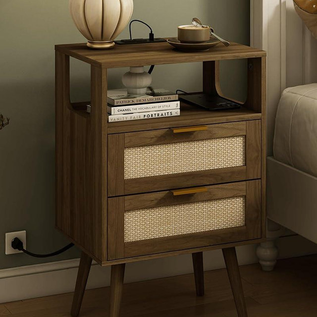 Veegle Rattan Nightstand with Charging Station,Modern Bedside Table with 2 Storage Drawer and Open Wood Shelf, for Bedroom and Small Spaces,Night Stand with Solid Wood Legs (Walnut Brown)