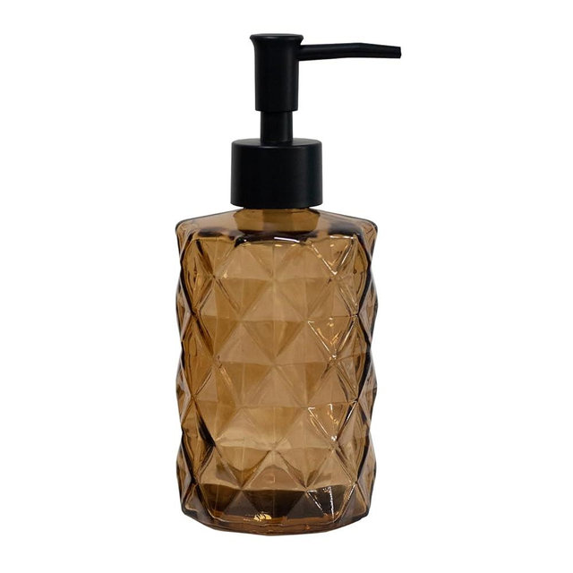 Brown Bathroom Soap Dispenser with Black Plastic Pump, 12oz Glass Lotion Dispenser, Crystal Hand Soap Dispenser for Modern Home Decor, Kitchen Countertop, Hotel