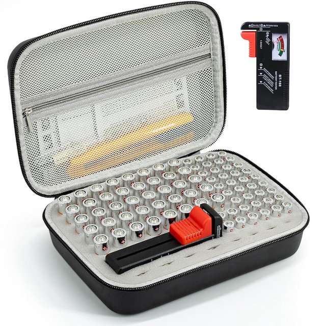 stukcaze Battery Organizer Storage Case with Tester for AA AAA Button Battery Holder Carrying 3 Batteries Variety Pack 88 Batteries Zipper Mesh Bag (Batteries Not Included)