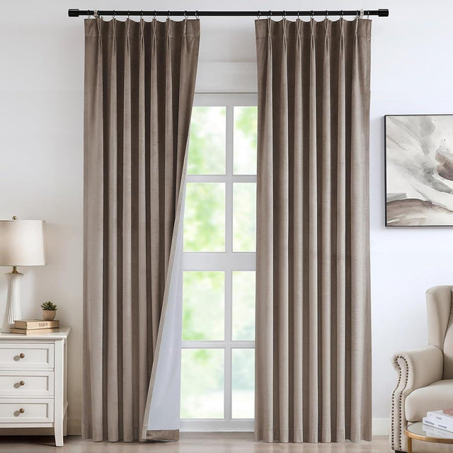 Vision Home Mocha Tan Velvet Pinch Pleated Blackout Curtains 95% Room Darkening Window Curtains 112 inch for Living Room Bedroom Thermal Insulated Velvet Pleat Drapes Pin Hooks 2 Panels 40" Wx112 L