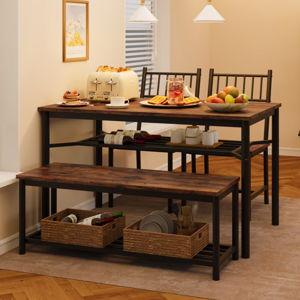 Kitchen Table with 2 Chairs and Bench, 4-Person Rectangular Dining Room Table Set with Wine Rack, Dining Table Set for 4 for Small Space