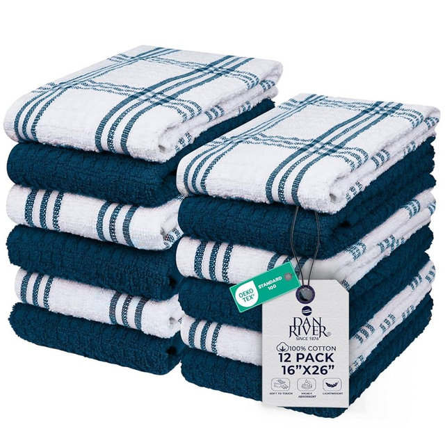 DAN RIVER Premium Kitchen Towels - [Pack of 12] 100% Cotton (16x 26 Inches) -Super Soft,Highly Absorbent, Quick Dry, Dish Towels for Kitchen Towels -Blue Opal