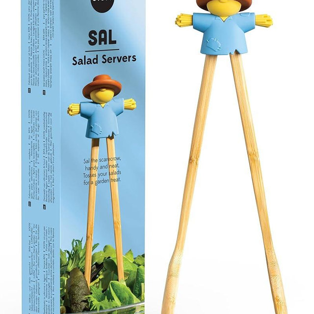 NEW - OTOTO Sal Scarecrow Salad Tongs (2-Piece) - Wooden Tongs Set, Food Safe Toaster Tongs for Serving, Cute Kitchen Tongs, Cool Kitchen Gadgets Accessories, Funny Gifts, Mini Tongs (Blue)