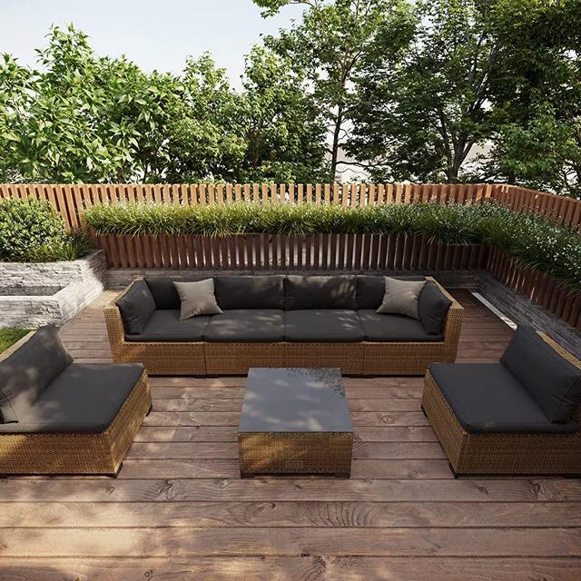 LHBcraft 7 Piece Patio Furniture Set, Outdoor Furniture Patio Sectional Sofa, All Weather PE Rattan Outdoor Sectional with Cushion and Glass Table (Yellow-Black)