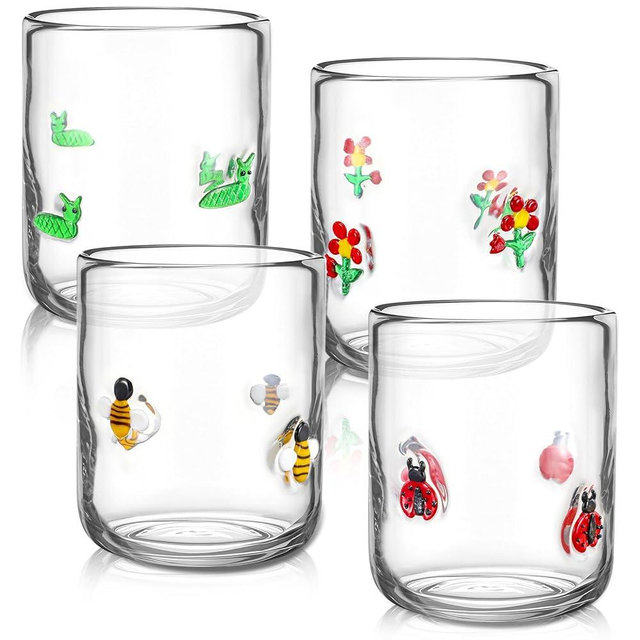 Vesici 4 Pcs Juice Glasses 14 oz Glass Cups Stemless Wine Glasses Hand Blown Drinking Cocktail Cups for Easter Christian Gifts Party Supplies(Ladybug)
