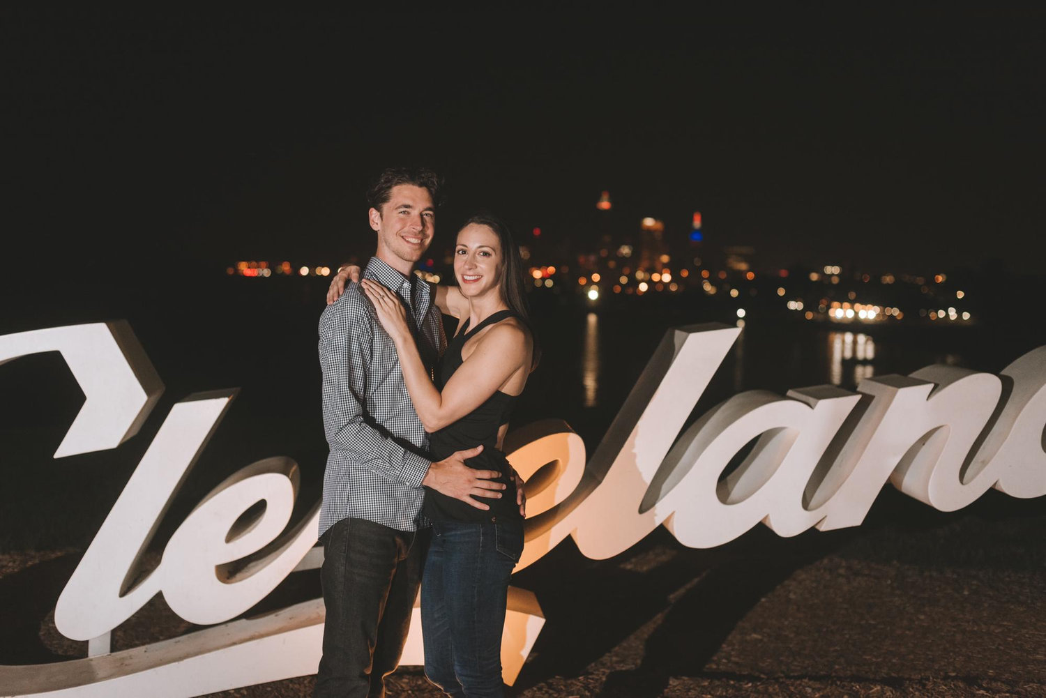 A night shot in front of the Cleveland Script sign at Edgewater Park; July 2021