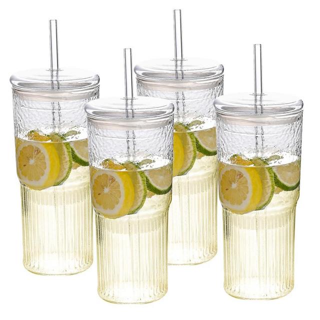MINGHYZYA 20 OZ Iced Coffee Cup With Glass Lids and Straws,High Borosilicate Glass Tumbler Cup Reusable Wide Mouth Smoothie Cups (clear-4pack)