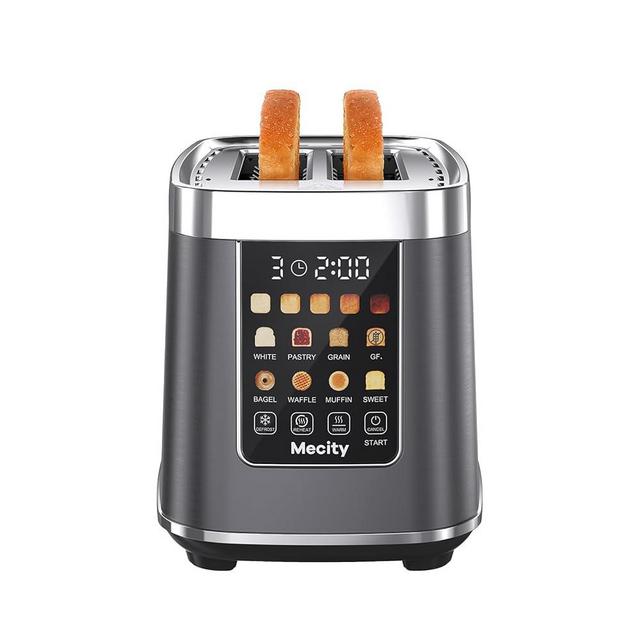 Mecity 2 Slice Toaster with Touch Screen & Auto Lift, Stainless Steel Cool-Touch Toaster with 8 Bread Settings, 5 Shade Levels, 1200W High Power, Keep Warm & Reheat Function, Metallic Grey, 120V