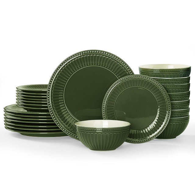 Famiware Garden Plates and Bowls Set, 24-Piece Dishes Set for 8, Scratch Resistant Kitchen Dishes Dinnerware Set - Microwave and Dishwasher Safe, Reactive Glaze and Embossed Stoneware, Dark Green