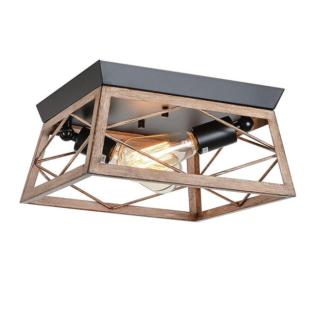 HMVPL Farmhouse Flush Mount Ceiling Light Fixture, 2-Light Metal Square Close to Ceiling Light，Rustic Industrial Ceiling Lamp for Hallway Dining Room Bedroom Kitchen Foyer