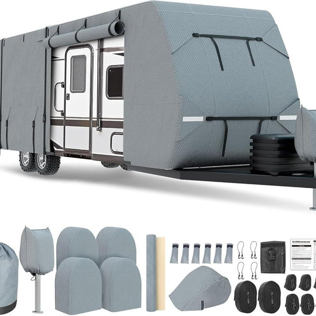 DenForste RV Cover 27-30ft，Travel Trailer Heavy Duty Extra-Thick 8 Layers Anti-UV Waterproof Windproof Camper Cover with Tongue Jack Cover, Extra Windproof Ropes, Gutter Covers
