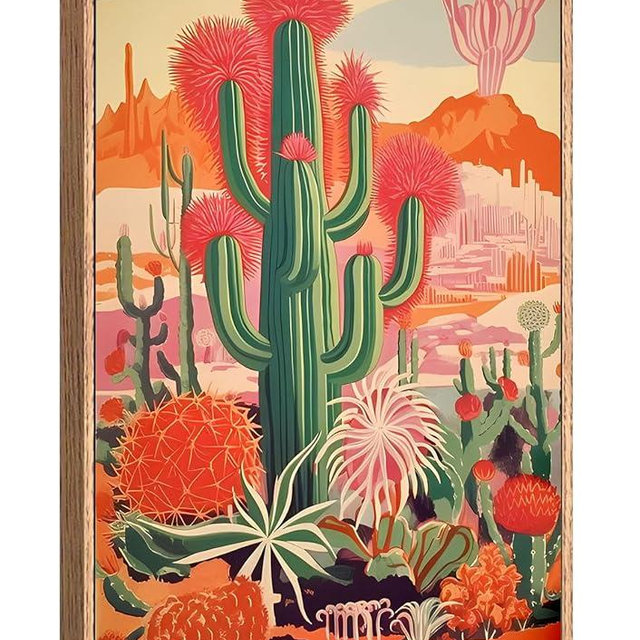 KISSFOX Western Framed Wall Art Colorful Mexican Cactus Picture Wall Decor Orange Green Desert Botanical Canvas Art Prints Vintage Southwestern Floral Paintings Artwork For Living Room Bedroom