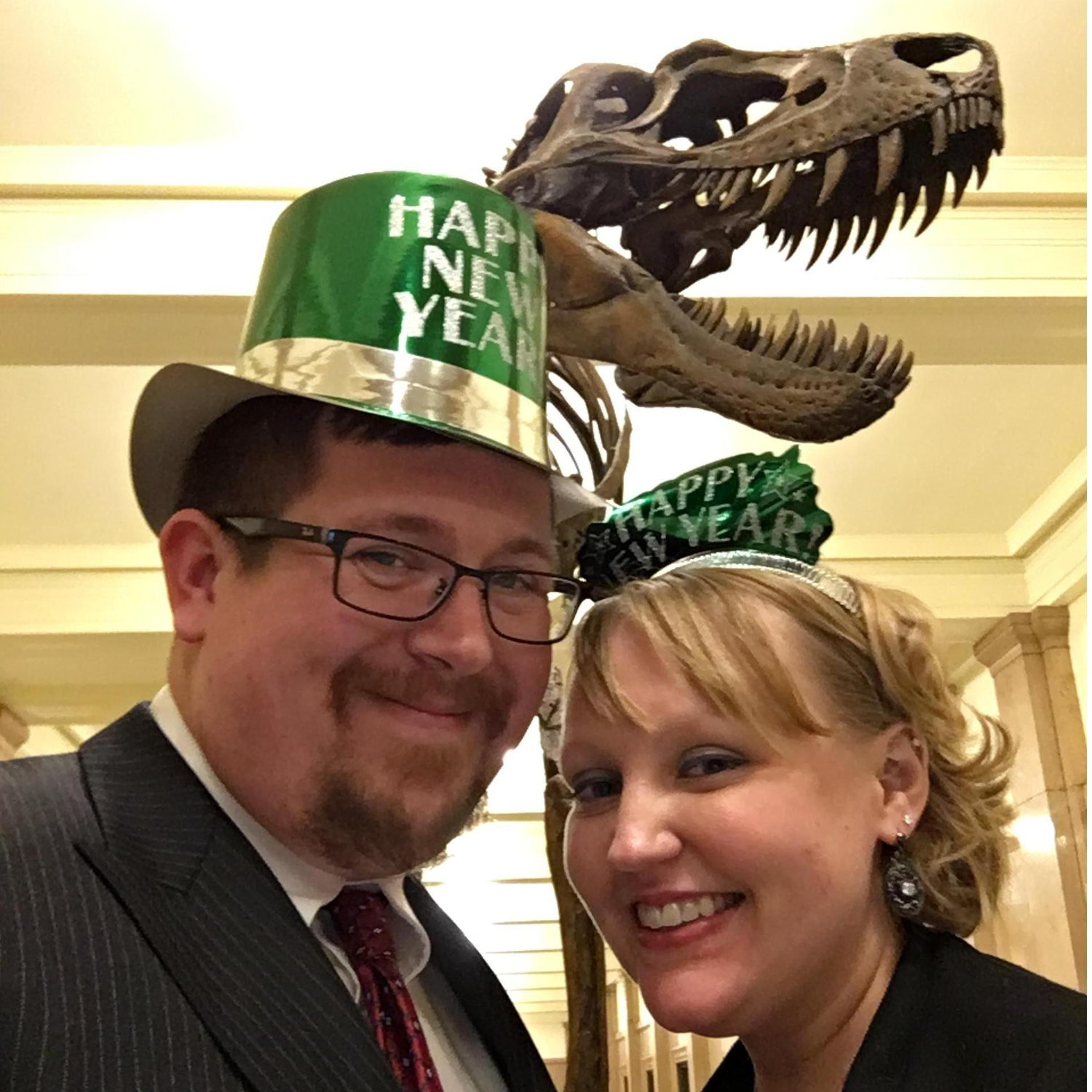 Sean, Sarah and a T-Rex ring in the New Year at the Carnegie Museum of Natural History