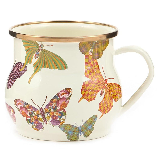 MACKENZIE-CHILDS Enamel Mug, Cute Enamelware Coffee Mug or Tea Mug, 16 Ounces, Unique Drinkware, Butterfly Garden