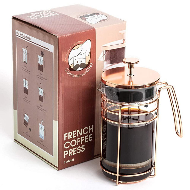 Rose Gold French Press - Easy To Use Coffee and Tea Press - Best Coffee Maker - Elegant Original Finishing - Sturdy Mesh Filter-Borosilicate Glass With 3-part Stainless Steel Plunger