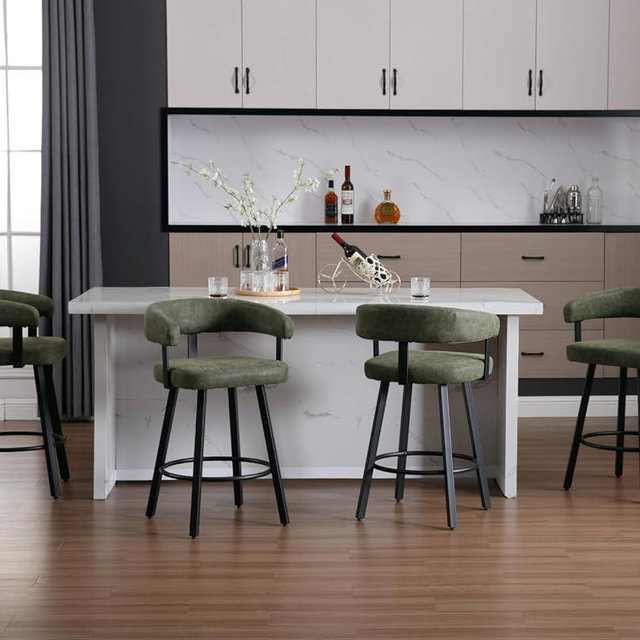 Shunzhi Modern Green Counter Height Bar Stools Set of 4 Leather Barstools with Backs/Metal Legs/Footrest Upholstered Counter Stools Comfy Bar Chairs for Dining Room/Home Bar/Kitchen Island/Pub,25 Inch