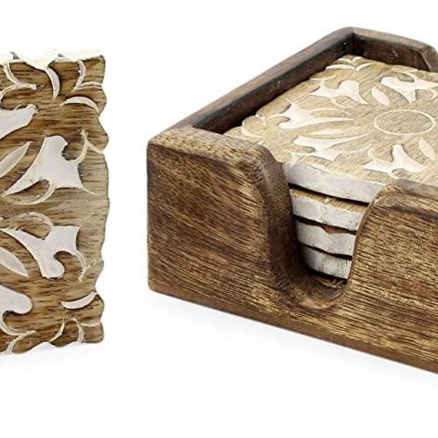 SAM + Ollie Boho Wood Coasters with Holder - Set of 6 Handmade Carved Wooden Absorbent Cold Drink or Hot Coffee Coasters, 4 Inch Squares