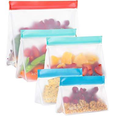 Keeper Reusable Snack Bags (Set of 5) - Reusable Sandwich Bags for Kids. Extra Thick Plastic Reusable Ziplock Bags Are Great Lunch Baggies. Resealable Freezer Safe Food Storage Bag Keeps Food Fresh