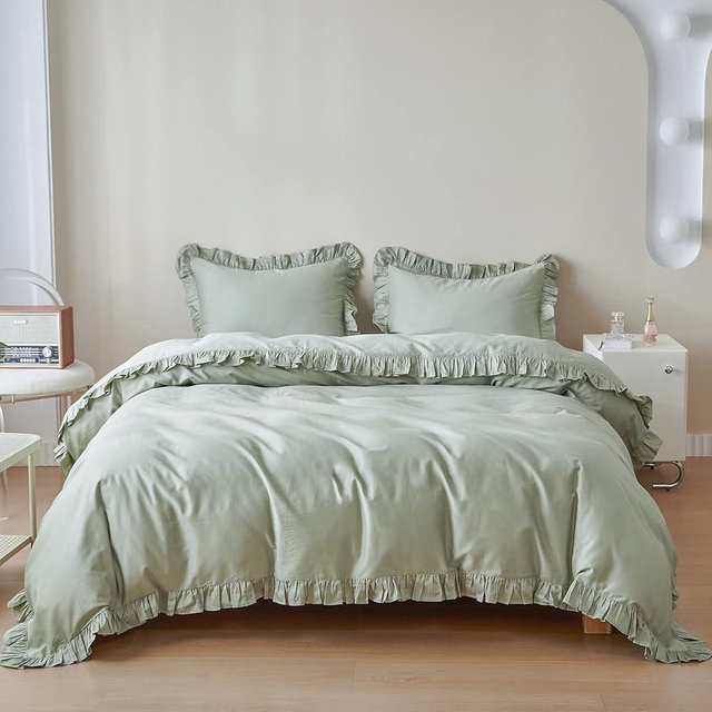 Simple&Opulence Kids Sage Green Cotton Duvet Cover with Ruffled Queen(88"x 92")- 3 Pieces Organic High End Floral Frill Lightweight Solid Color Bedding Comforter Cover with 2 Pillowcases
