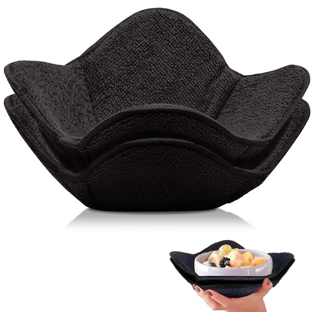 Set 2X Black 7" sq. x 4"H Polyester Microwave Bowl Holder Potholders - Microwavable Soup Bowl Cozy - Hot Pads Holders for Hot Food Quilted - Bowl Cozies for Microwave Kitchen Accessories, Gadgets
