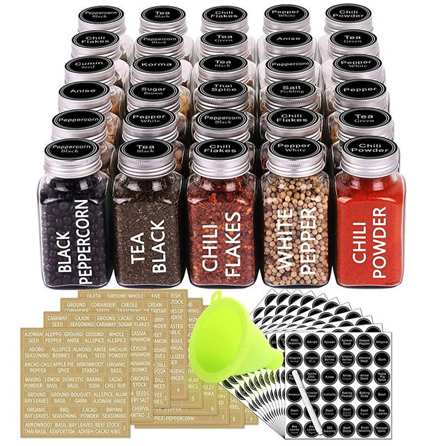 SWOMMOLY 30 Glass Spice Jars with 703 Spice Labels, Chalk Marker and Funnel Complete Set. 30 Square Glass Jars 6oz, Airtight Cap, Pour/sift Shaker Lid
