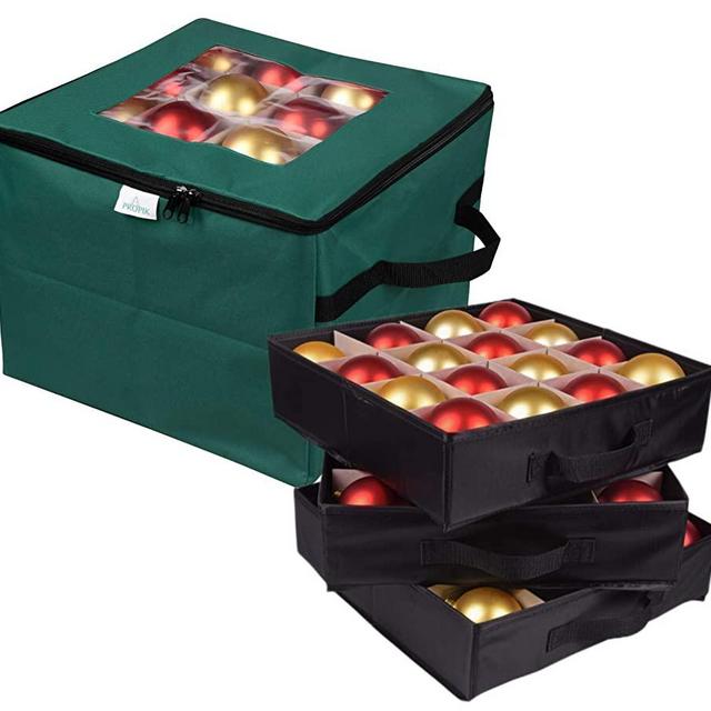 ProPik Christmas Ornament Storage Box, Organizer Holds Up to 48 Xmas Balls with 3 Separate Removable Trays, Container has Dividers to Organize Holiday Tree Ornaments (Green)