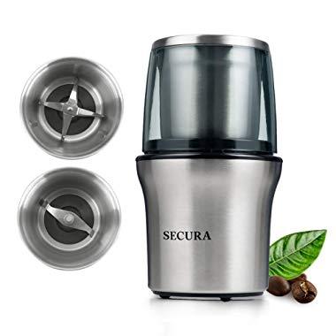 Secura Electric Coffee Grinder and Spice Grinder with 2 Stainless Steel Blades Removable Bowls