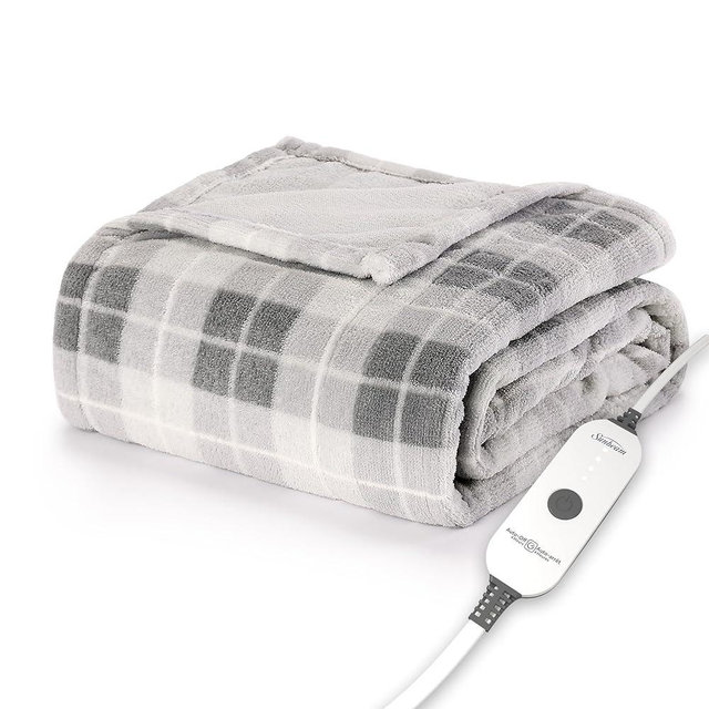 Sunbeam Royal Luxe Rodeen Plaid Grey Heated Personal Throw / Blanket, Cozy-Warm, Adjustable Heat Settings