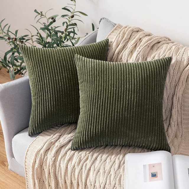 MIULEE Pack of 2 Corduroy Pillow Covers Soft Soild Striped Throw Pillow Covers Set Decorative Square Cushion Cases Pillowcases for Sofa Bedroom Couch 18 x 18 Inch Olive Green