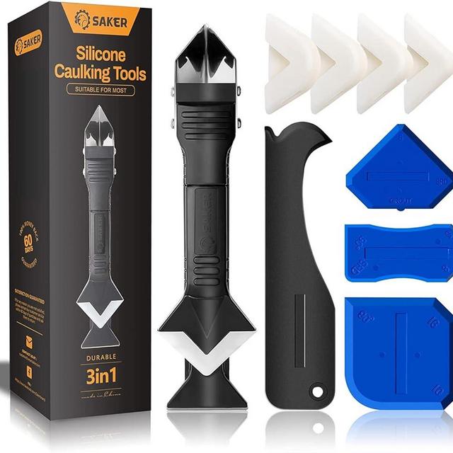Saker Silicone Caulking Tools-3 in 1 Sealant Finishing Tool Grout Remove Scraper Caulk Remover Glass Glue Angle Scraper for Bathroom,Kitchen,Floor,Window,Sink Joint,Frames Seal (Black Blue)