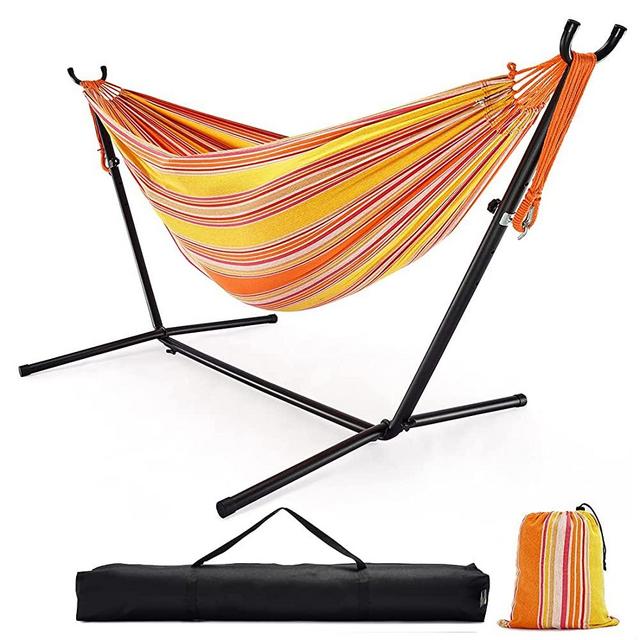 Double Hammock with Stand, 10ft Hammock Frame 550lbs Capacity, 2 People Hammock Combo for Backyard Patio Indoor Outdoor (Orange Stripes)