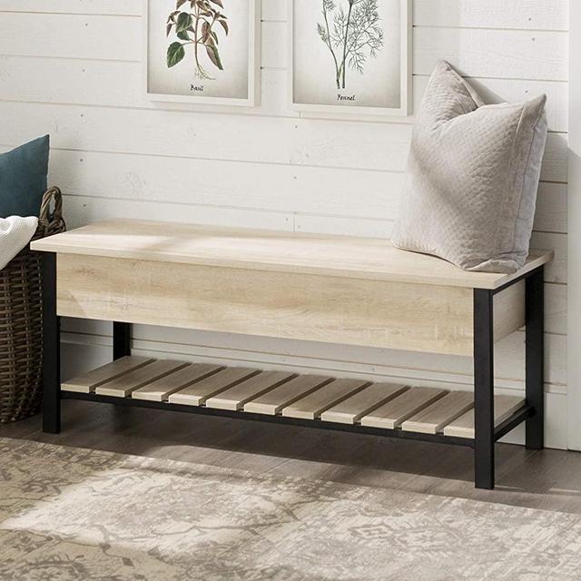 Walker Edison Furniture Company Modern Farmhouse Bench Hidden Entryway Shoe Storage Hallway Organizer, 48 Inch, White Oak