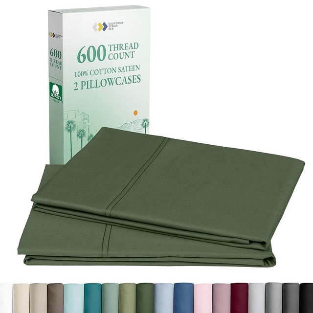 California Design Den King Size Pillowcase Set of 2 - Luxuriously Soft Premium 600 Thread Count, 100% Cotton Pillow Case Covers, Crisp Sateen, Fits King Pillows - Dark Olive Green