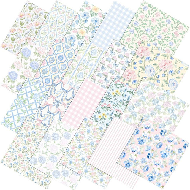Tudomro 60 Pcs Pastel Floral Fabric Squares 10 x 10 Inch Cotton Pink Blue Hydrangea Rose Gingham Stripe Quilting Fabric Bundles Spring Flower Fat Quarters Quilting Precut Patchwork for Sewing Crafts